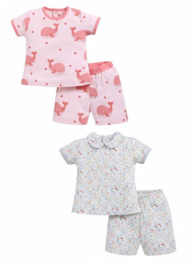 Baby Girls 100% Cotton Printed Half Sleeve T-shirt & Short Latest Summer Clothing Sets (Pack Of 2)
