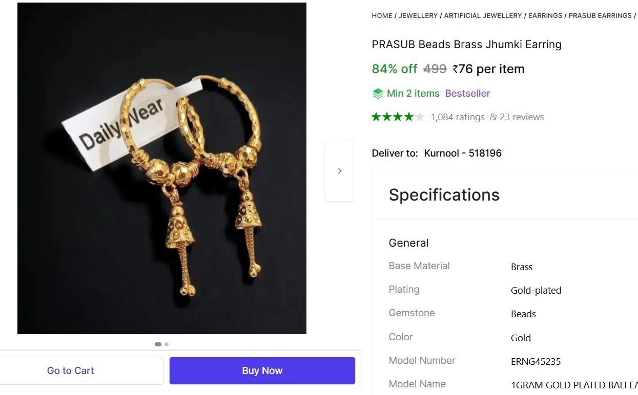 prasub beads brass jhumki earring