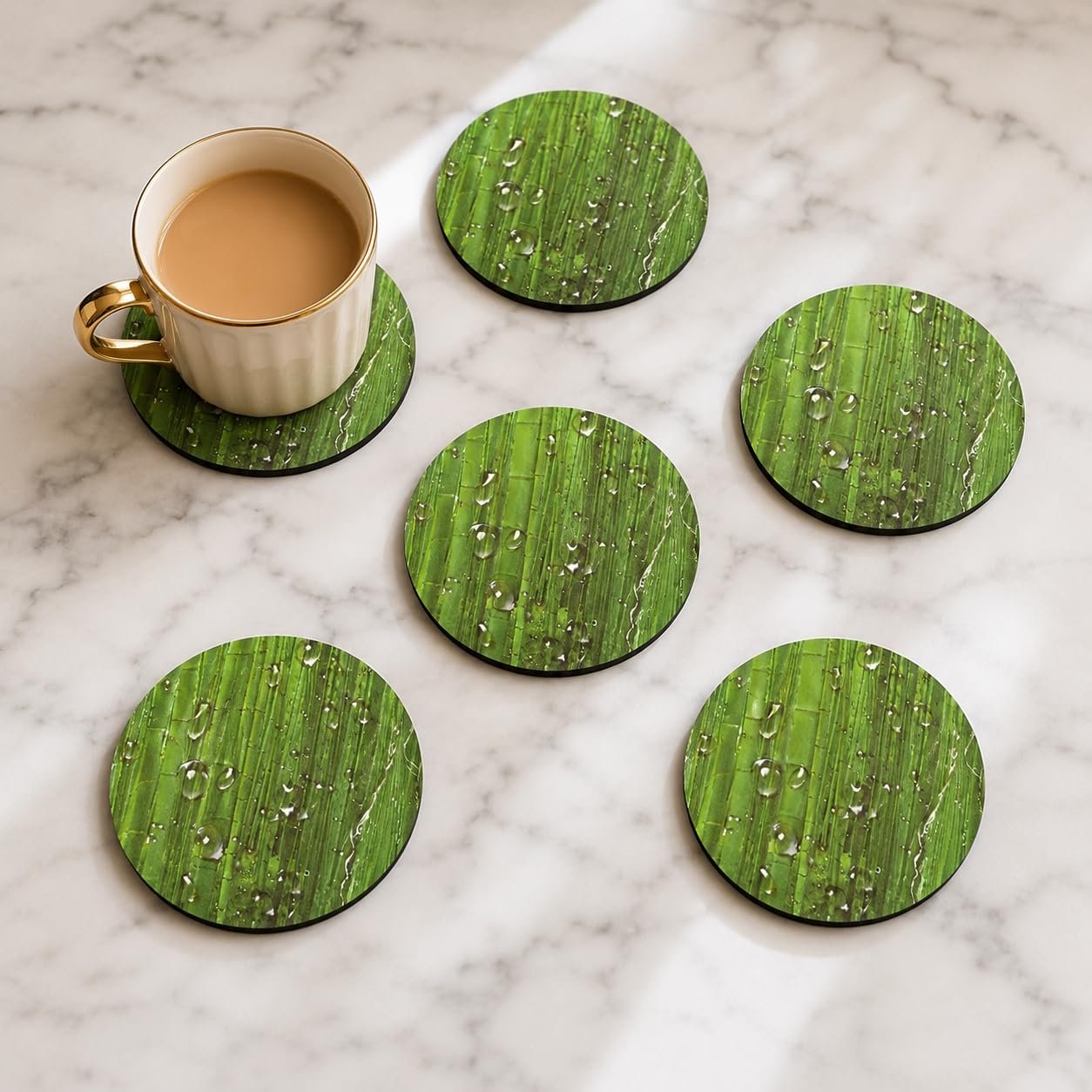 GKD Coaster Set of 6 Natural Wooden Green Bamboo Style Coasters with Beautiful Water Droplets Design Coaster Stand Coaster Set Fit for All Cups Mugs Glasses (3.5 X 3.5 Inch) (Green Bamboo)