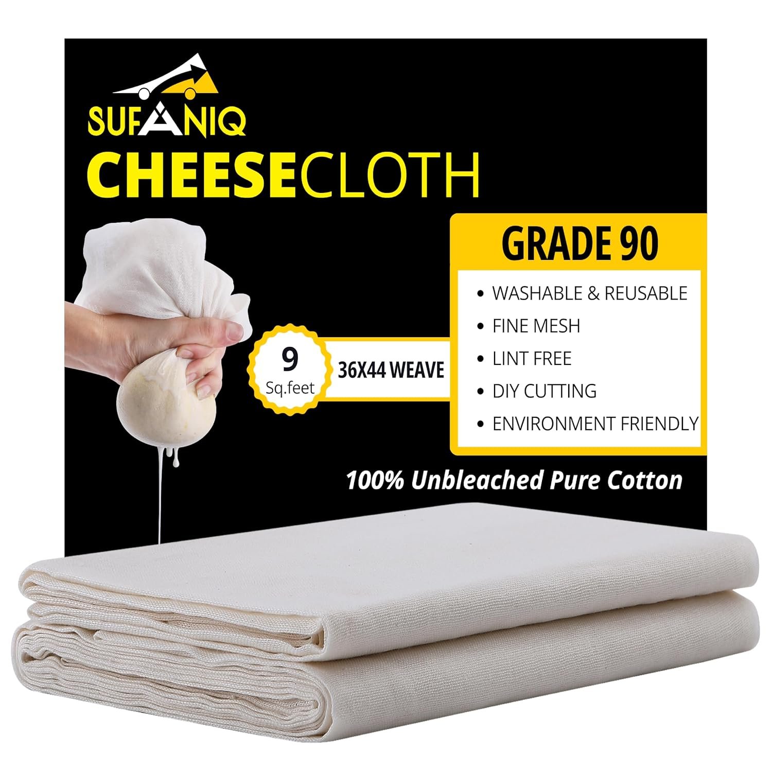 Sufaniq Cheesecloth Grade 90 ' 1 Sq Yard Unbleached 100% Cotton Fabric Reusable Ultra Fine Muslin Cloth for Straining,Cooking,Cheesemaking,Baking,5 x 10 x 0.5 Centimeters,Beige