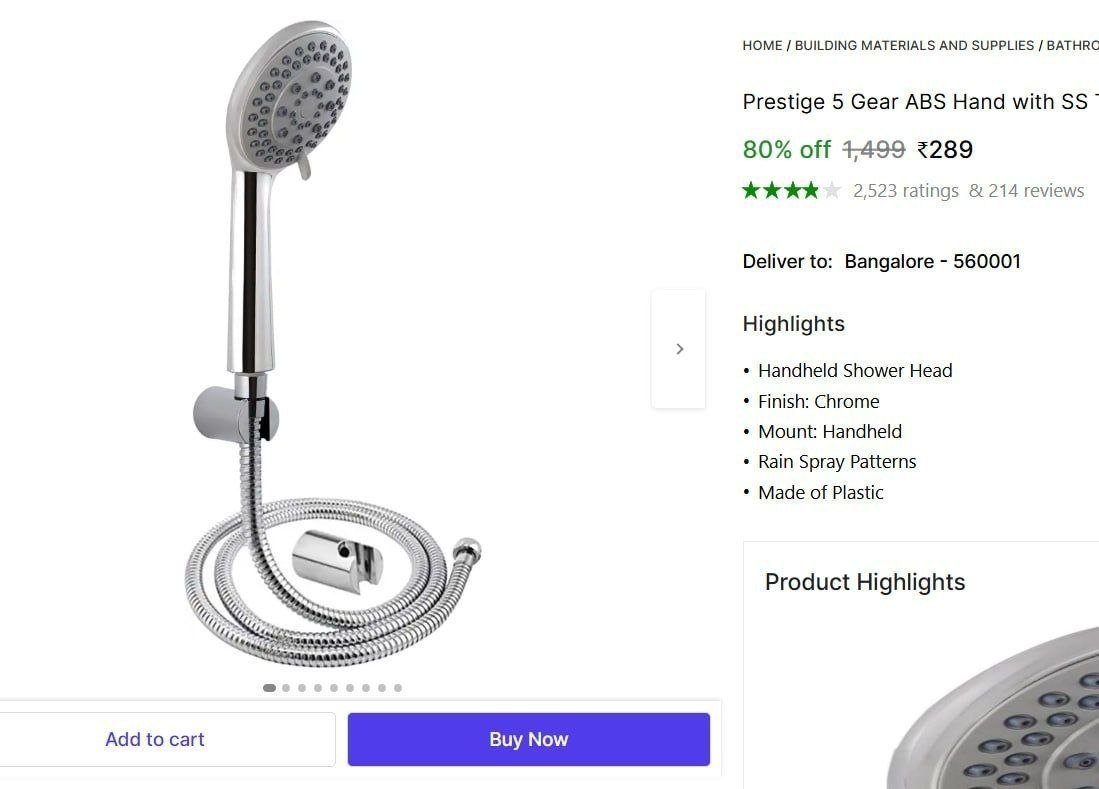 prestige 5 gear abs hand ss tube 1 5m hook shower head