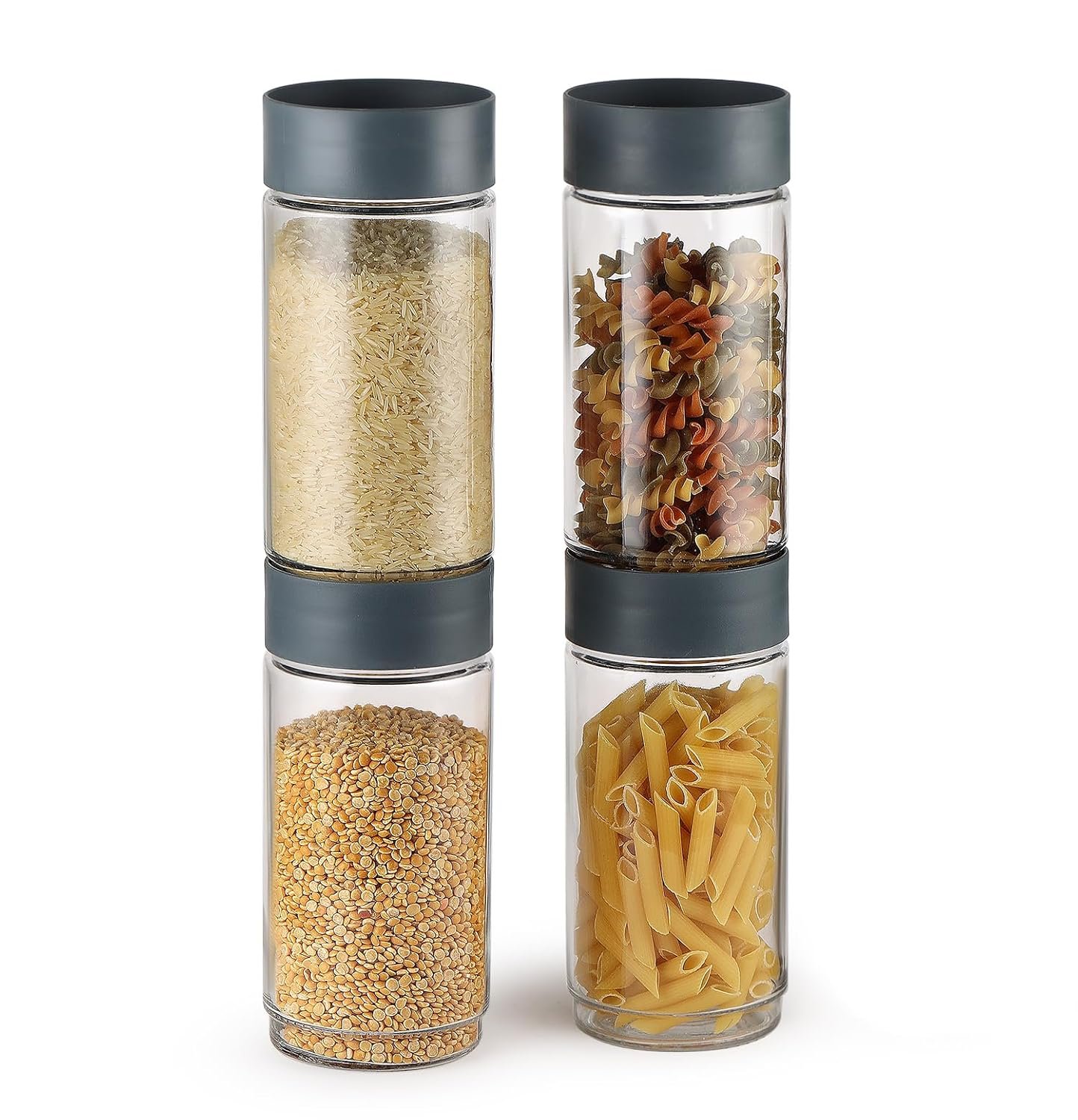 CELLO Modustack Pet Storage Jar For Kitchen Set of 4 Pcs, 1000 ml Grey | Freezer & Fridge Safe, See Through Airtight Stackable Pet Kitchen Storage Box Container Set For Beans, Whole Grains, Spices
