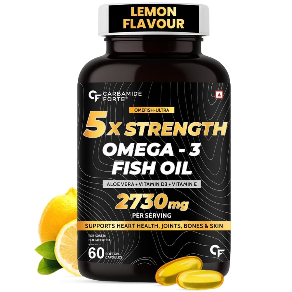 Carbamide Forte 5X Strength Omega 3 Fish Oil Capsules 2730mg | Fish Oil Omega 3 Supplement To Support Overall Health & Skin With Added Aloevera, Vitamin D3, Vitamin E For Men & Women - 60 Soft