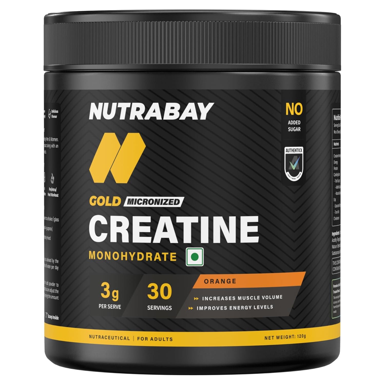 Nutrabay Gold Micronised Creatine Monohydrate Powder 3000 mg Creatine per Serving, NABL Lab Tested – Increases Muscle Mass, Strength & Power – Pre/Post Workout Supplement – 120g, Orange