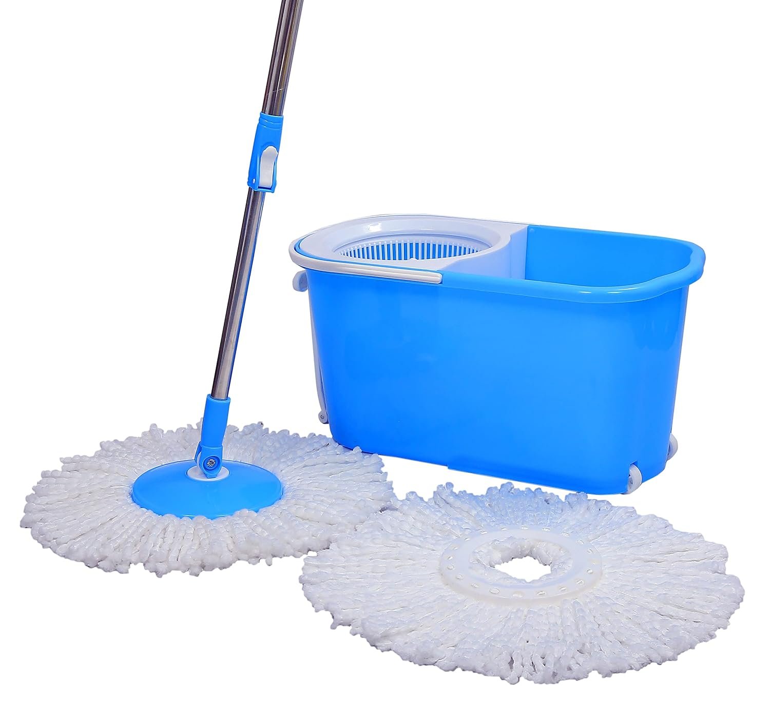Esquire Classic Spin Mop Blue Bucket Set with Pull Handle, Wheels with an Additional Refill