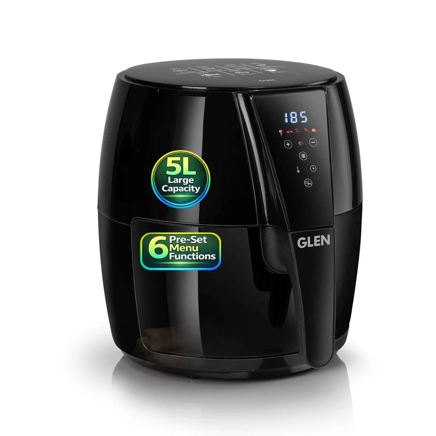 Glen Digital Air Fryer 5L, 1500W Large Airfryer with 6 Pre-Set Function, Non-Stick Basket, Auto Sleep & Shut Off, Timer & Temperature Control, Bake Fry Roast & Grill with Less Oil - Black 