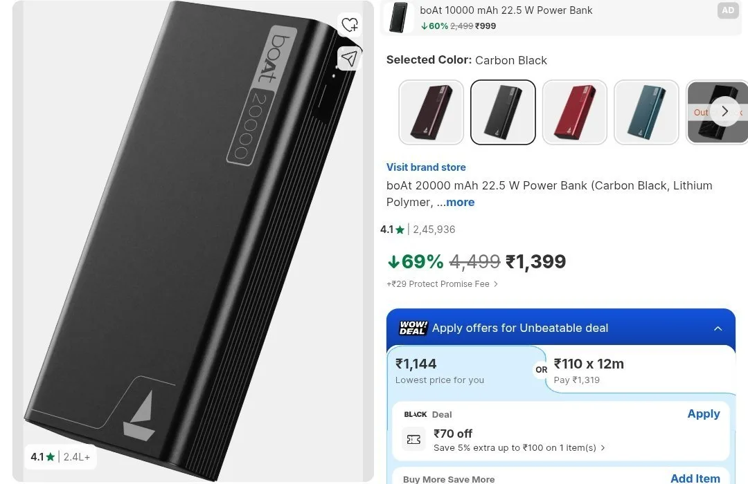 68% off : Boat 20000 mAh 22.5 W Power Bank