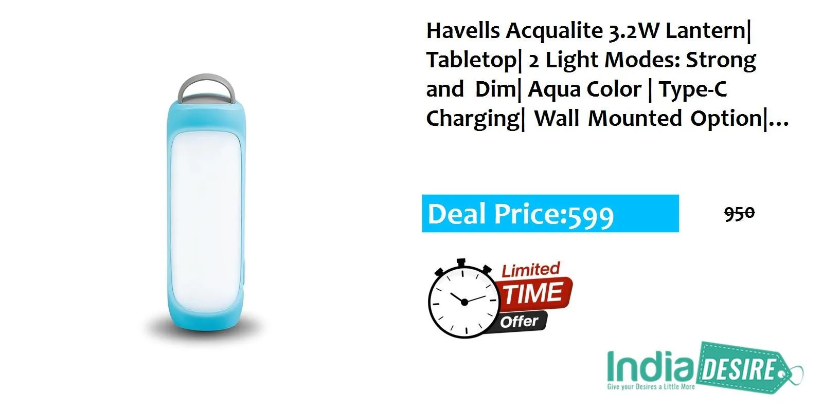 Havells Acqualite 3.2W Lantern| Tabletop| 2 Light Modes: Strong and ..