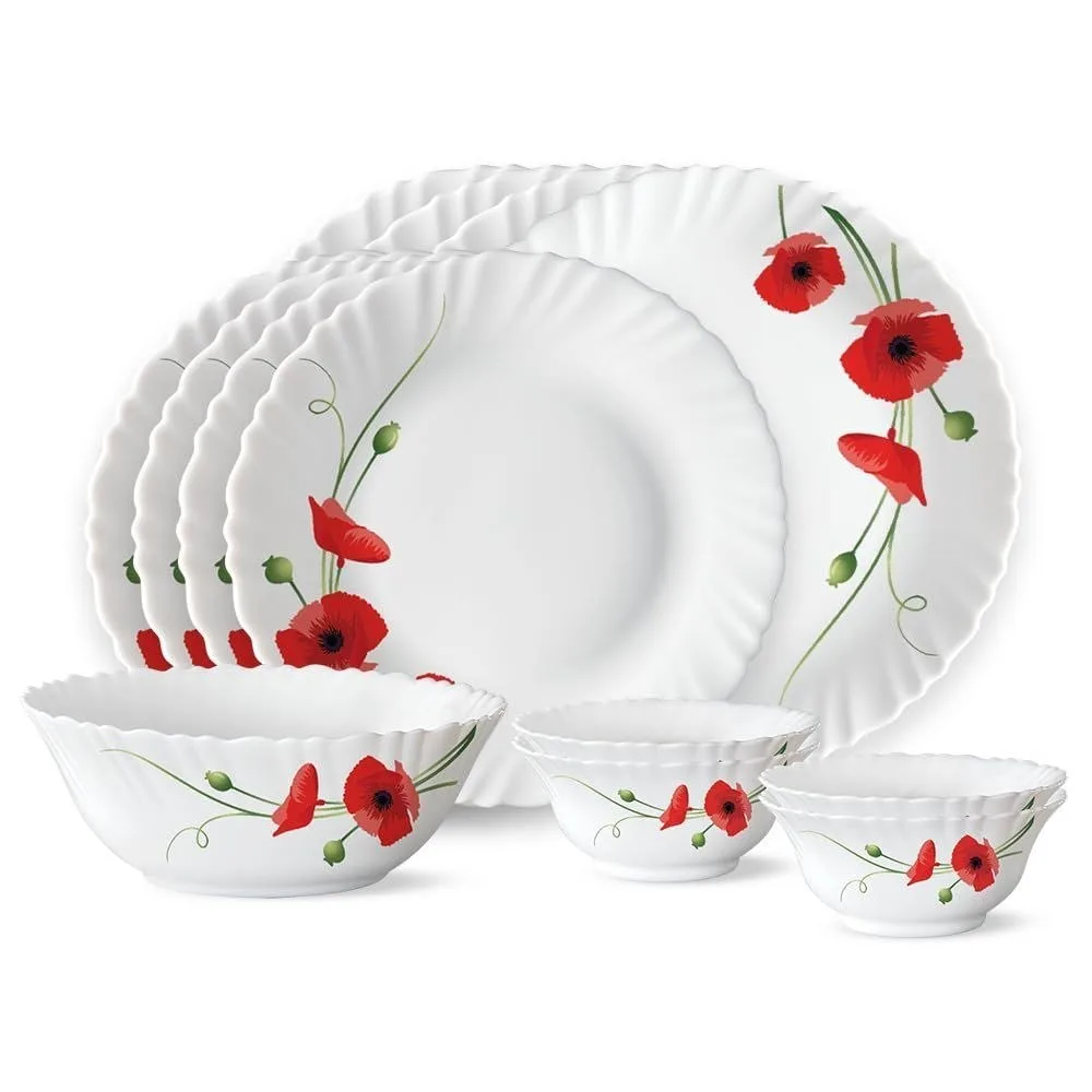 Larah by Borosil Fluted Series Red Carnation Opalware Dinner Set | 13 Piece for Family of