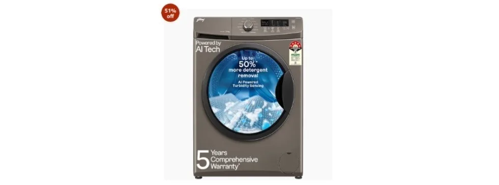 Godrej 8 Kg 5 Star, AI Powered, Inbuilt Heater, Fabrisafe Drum, Steam Wash, Child Lock, Unbalanced Load Sensor, Fully Automatic Front Load Washing Machine (WFEON CRS 8012 5.0 FKEDM CNGR, Candy Grey)